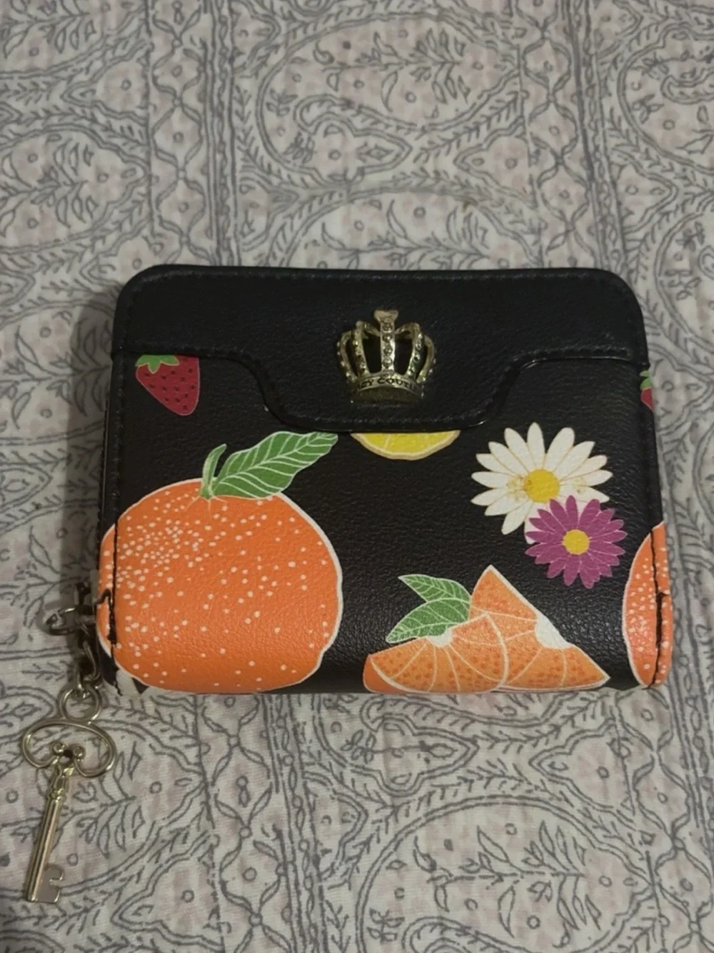 Juicy CoutureCrown Accent Black Wallet with Orange & Floral Print